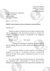 Carta de advertencia sobre incumplimiento de jornada laboral