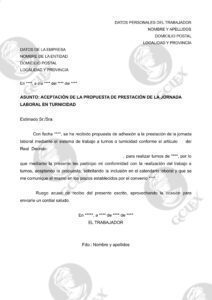 Escrito de aceptación de la propuesta de trabajo a turnos