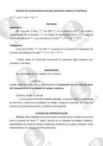 Escrito de acuerdo mutuo de realización de trabajo a distancia