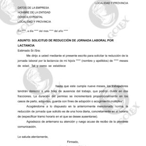 SOLICITUD DE REDUCCIÓN DE JORNADA LABORAL POR LACTANCIA