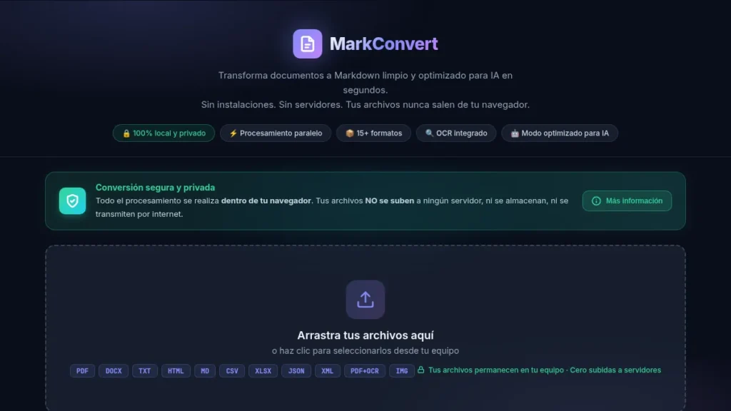 Conversor a Markdown online MarkConvert de GCLEX: zona de carga, formatos admitidos y aviso de conversión privada