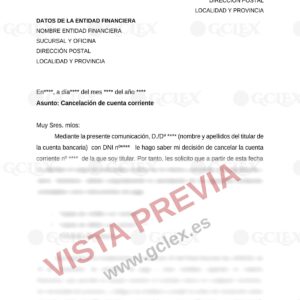 Vista previa del modelo Solicitud de cancelación de cuenta bancaria (GCLEX)