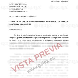 Vista previa con marca de agua GCLEX del modelo solicitud de permiso por adopción, guarda con fines de adopción o acogimiento