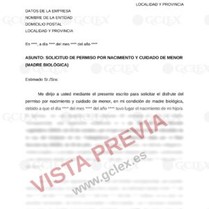 Vista previa con marca de agua GCLEX del modelo solicitud de permiso por nacimiento y cuidado de menor (madre biológica)