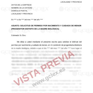 Vista previa con marca de agua GCLEX del modelo solicitud de permiso por nacimiento y cuidado de menor (progenitor distinto de la madre biológica)