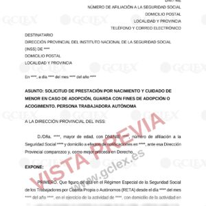 Vista previa con marca de agua GCLEX del modelo solicitud de prestación por adopción, guarda con fines de adopción o acogimiento para autónomos