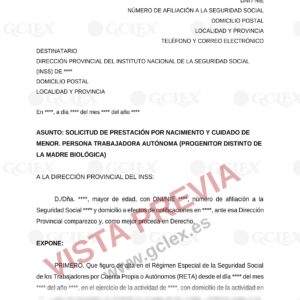 Vista previa con marca de agua GCLEX del modelo solicitud de prestación por nacimiento y cuidado de menor para autónomos (progenitor distinto de la madre biológica)